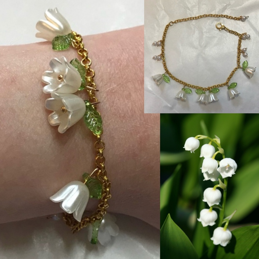 Lily of the Valley Dainty Gold and Pearl Handmade Bracelet, Flowers